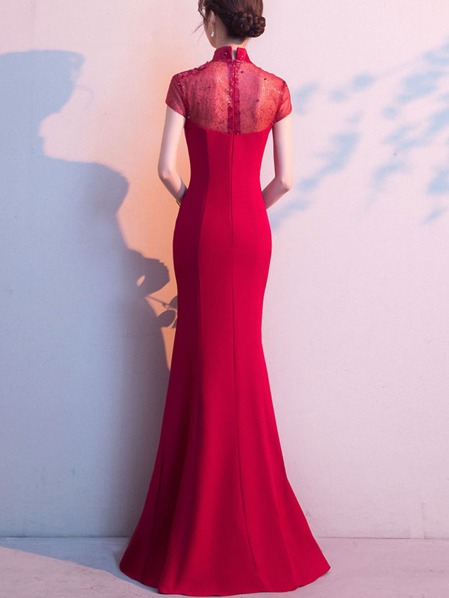 2023 Burgundy Fishtail Bride Qipao Cheongsam Wedding Dress