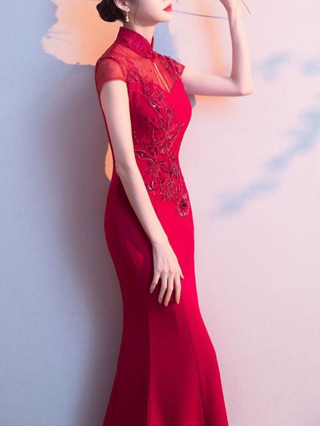 2023 Burgundy Fishtail Bride Qipao Cheongsam Wedding Dress
