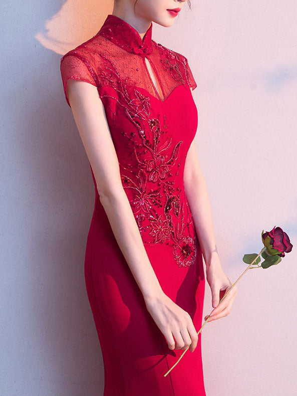 2023 Burgundy Fishtail Bride Qipao Cheongsam Wedding Dress