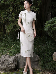 2023 White Bamboo Print Midi Cheongsam Qipao Dress