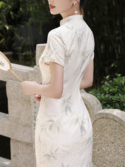 2023 White Bamboo Print Midi Cheongsam Qipao Dress