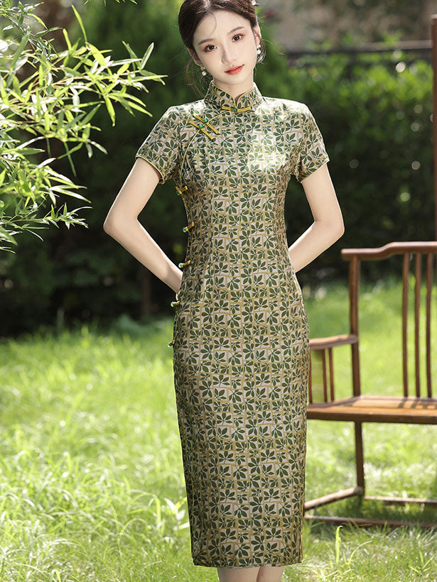 Green Leaf Print Midi Qipao Cheongsam Dress
