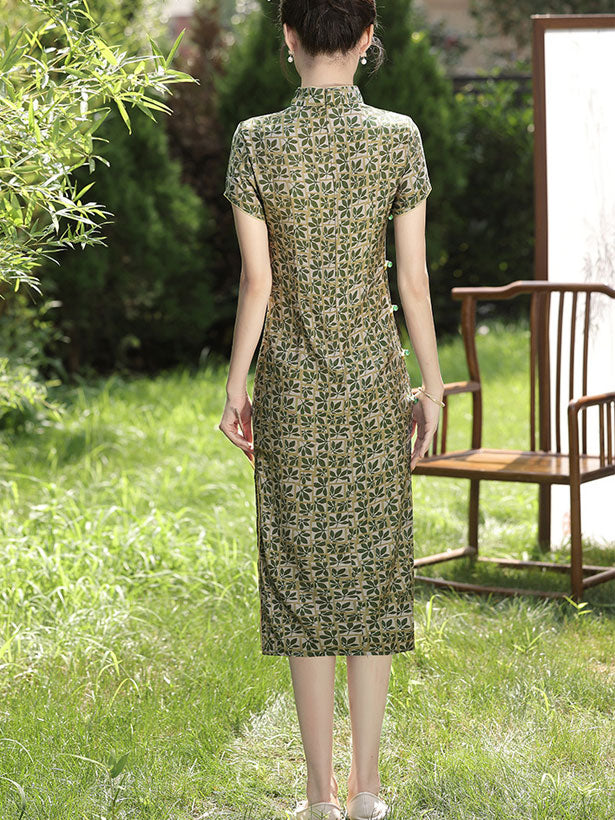 Green Leaf Print Midi Qipao Cheongsam Dress