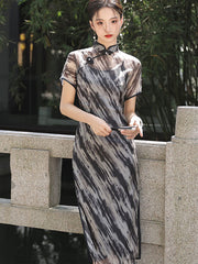 Black Green Summer Qipao Cheongsam Dress in Stripe