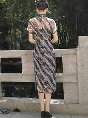 Black Green Summer Qipao Cheongsam Dress in Stripe