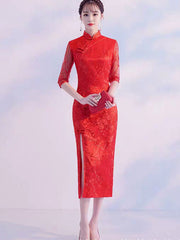 Red Lace Thigh Split Wedding Bride Qipao Cheongsam Dress