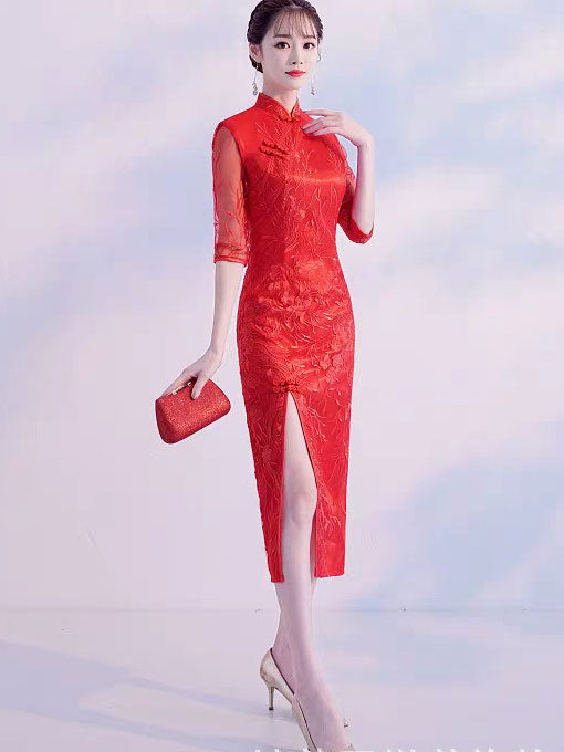 Red Lace Thigh Split Wedding Bride Qipao Cheongsam Dress