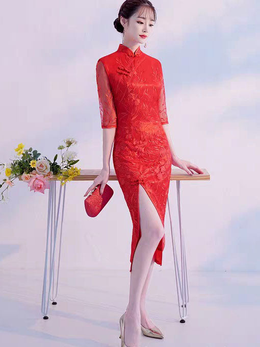 Red Lace Thigh Split Wedding Bride Qipao Cheongsam Dress