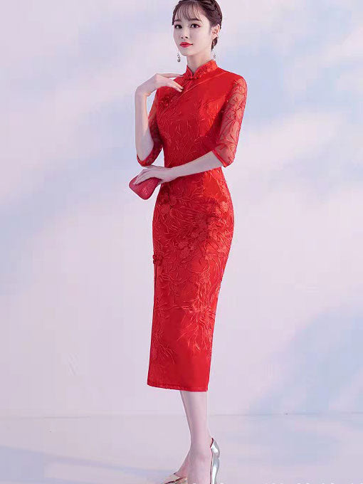 Red Lace Thigh Split Wedding Bride Qipao Cheongsam Dress