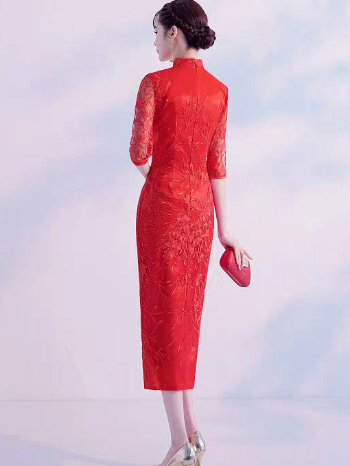 Red Lace Thigh Split Wedding Bride Qipao Cheongsam Dress
