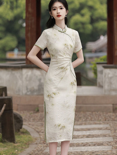 Beige Bamboo Print Pleat Midi Cheongsam Qipao Dress