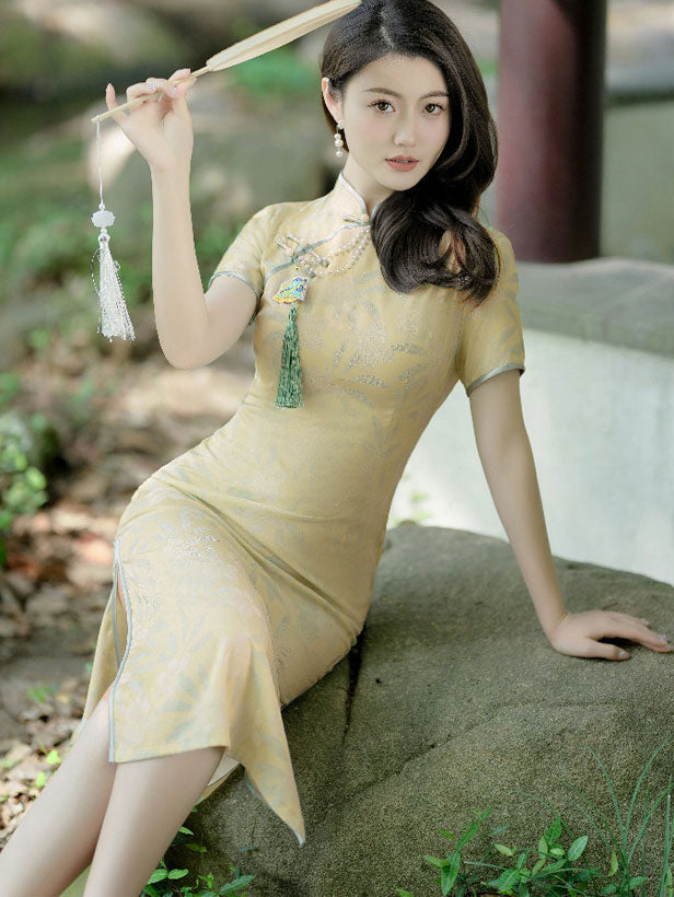 Yellow Jacquard Floral Midi Cheongsam Qipao Dress