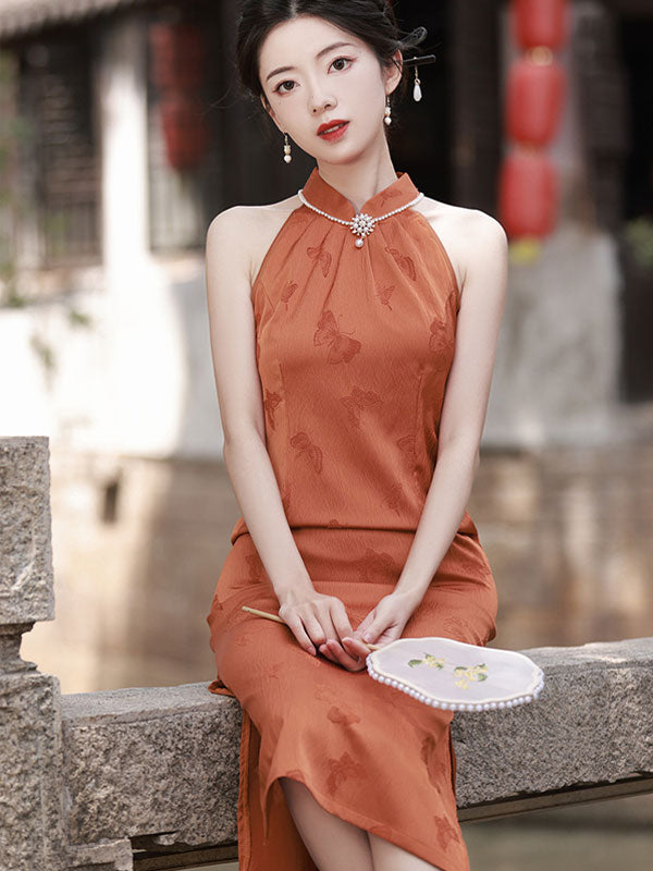 Black Pink Jacquard Butterfly Halter Cheongsam Qipao Dress
