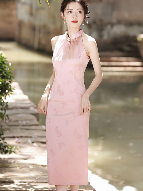 Black Pink Jacquard Butterfly Halter Cheongsam Qipao Dress