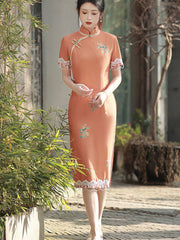 Orange Beige Floral Midi Qipao Cheongsam Dress