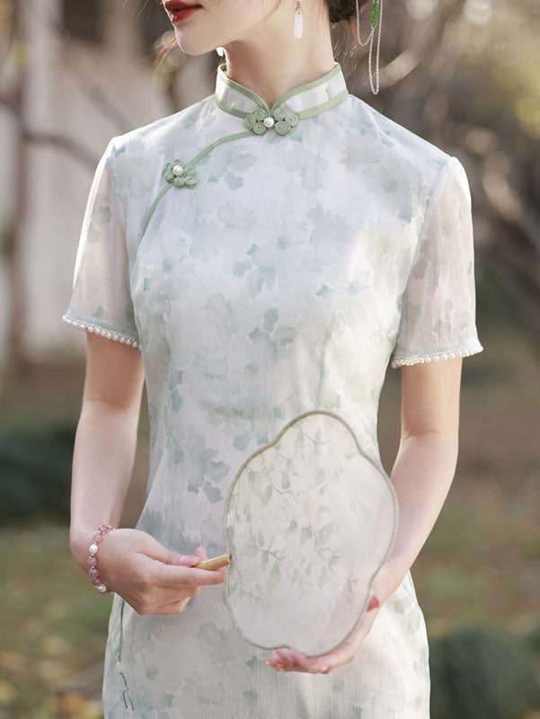 Green Floral Long Modern Cheongsam / Qipao Party Dress