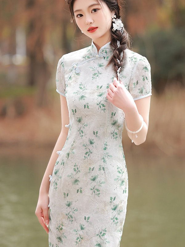 2023 Pink Green Jacquard Floral Qipao Cheongsam Dress