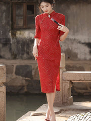 2023 Winter Red Lace Midi Qipao Cheongsam Dress