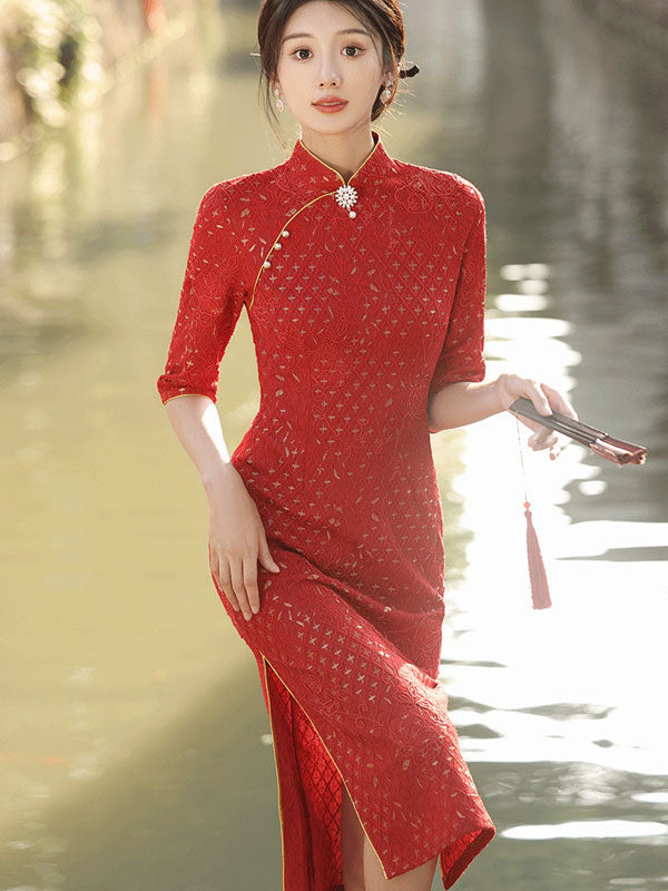 2023 Winter Red Lace Midi Qipao Cheongsam Dress