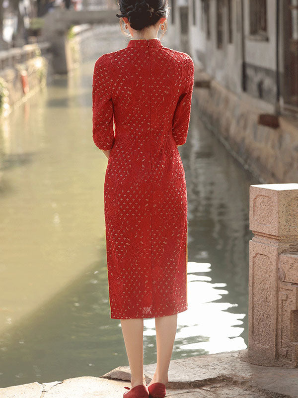 2023 Winter Red Lace Midi Qipao Cheongsam Dress