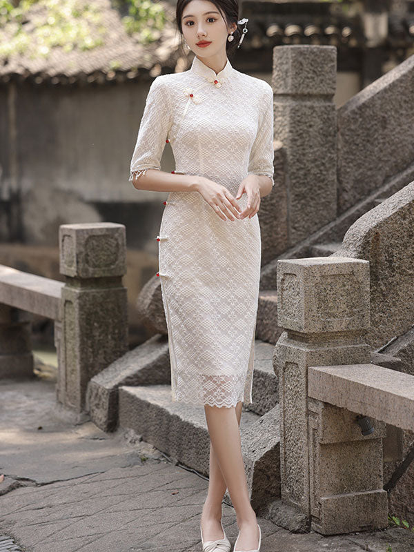 2023 Winter Beige Lace Midi Cheongsam Qipao Dress