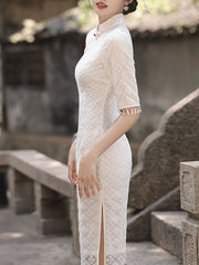 2023 Winter Beige Lace Midi Cheongsam Qipao Dress