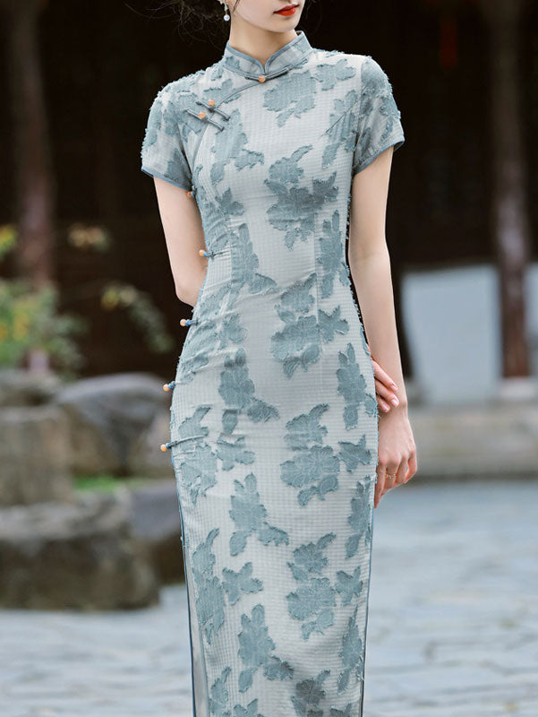 Blue White Jacquard Chiffon Cheongsam Qipao Dress