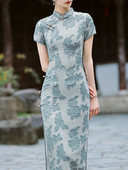 Blue White Jacquard Chiffon Cheongsam Qipao Dress