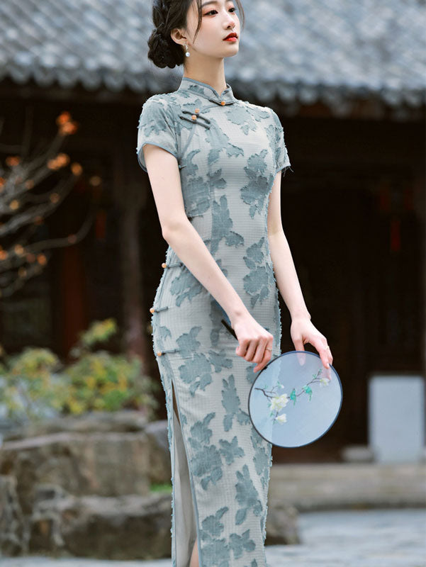 Blue White Jacquard Chiffon Cheongsam Qipao Dress