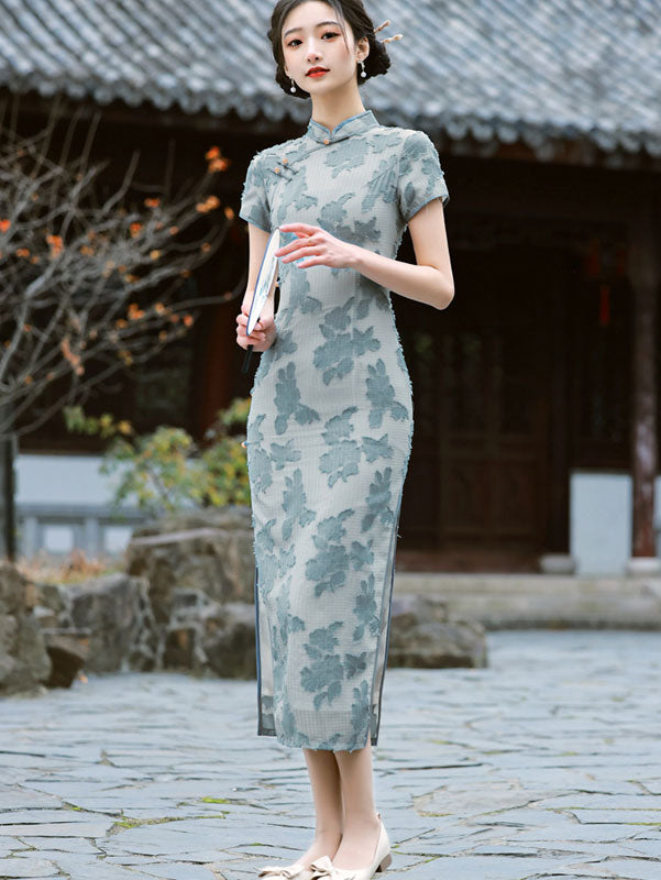 Blue White Jacquard Chiffon Cheongsam Qipao Dress