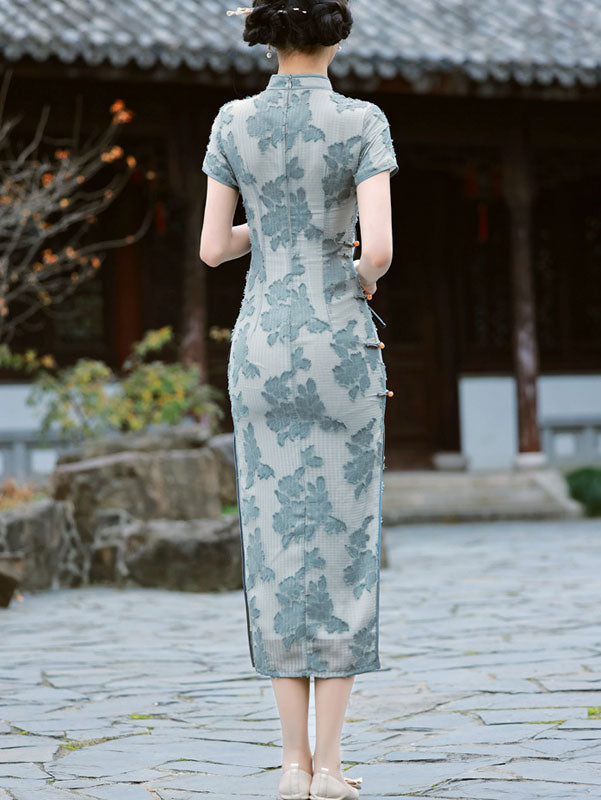 Blue White Jacquard Chiffon Cheongsam Qipao Dress