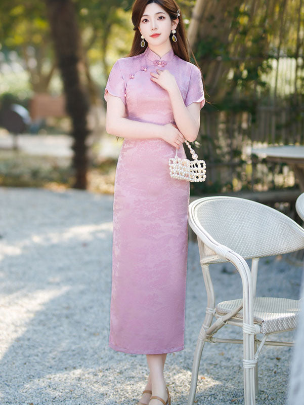 2023 Pink White Jacquard Floral Modern Qipao Cheongsam Dress