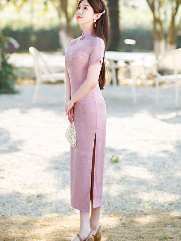 2023 Pink White Jacquard Floral Modern Qipao Cheongsam Dress
