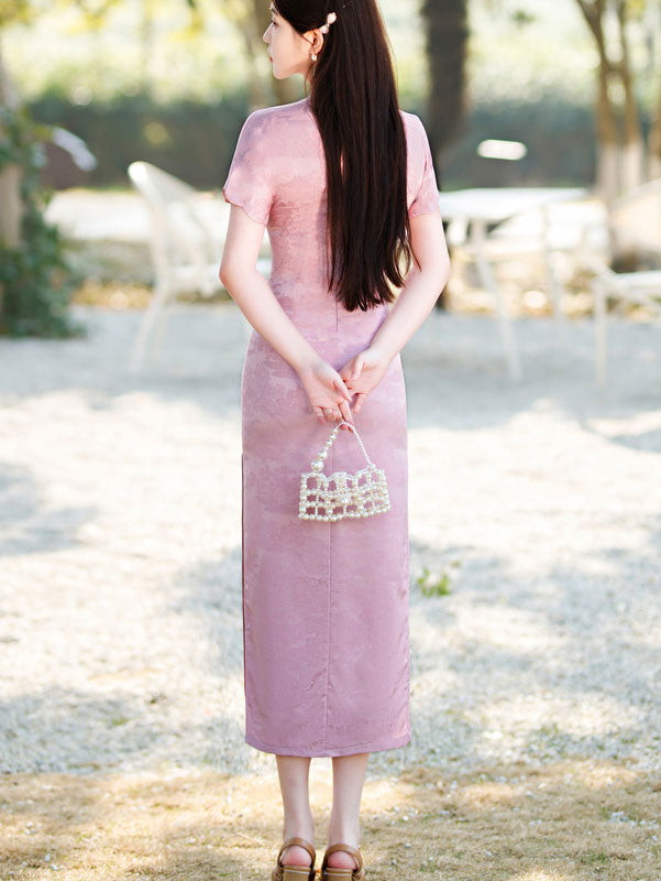 2023 Pink White Jacquard Floral Modern Qipao Cheongsam Dress