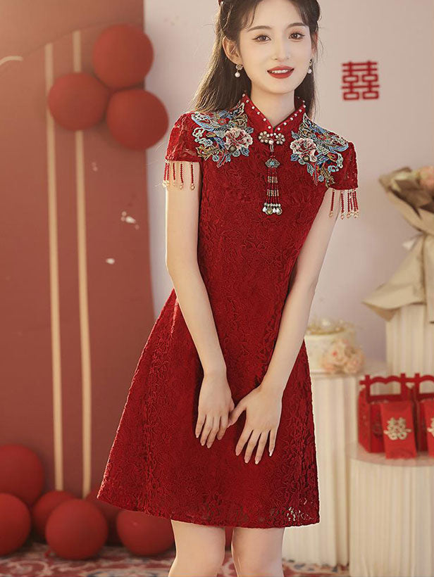 Red Embroidered Lace A-Line Bride Wedding Qipao Cheongsam Dress