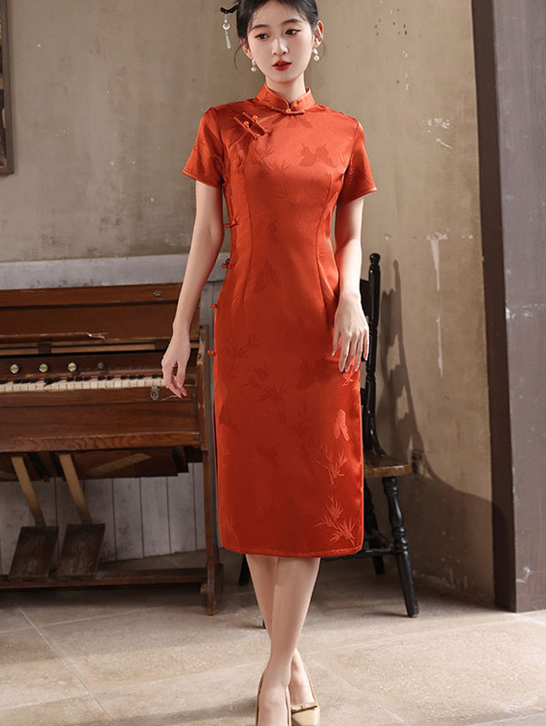 Orange Jacquard Silk Midi Qipao Cheongsam Dress