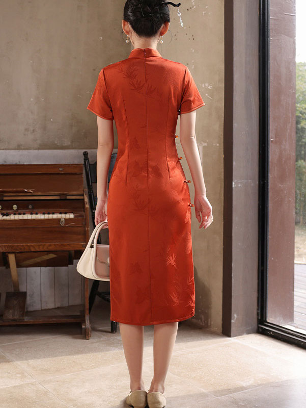 Orange Jacquard Silk Midi Qipao Cheongsam Dress