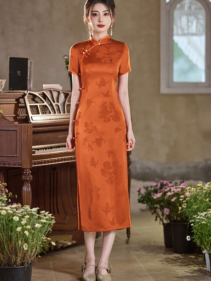 Orange Jacquard Satin Midi Qipao Cheongsam Dress