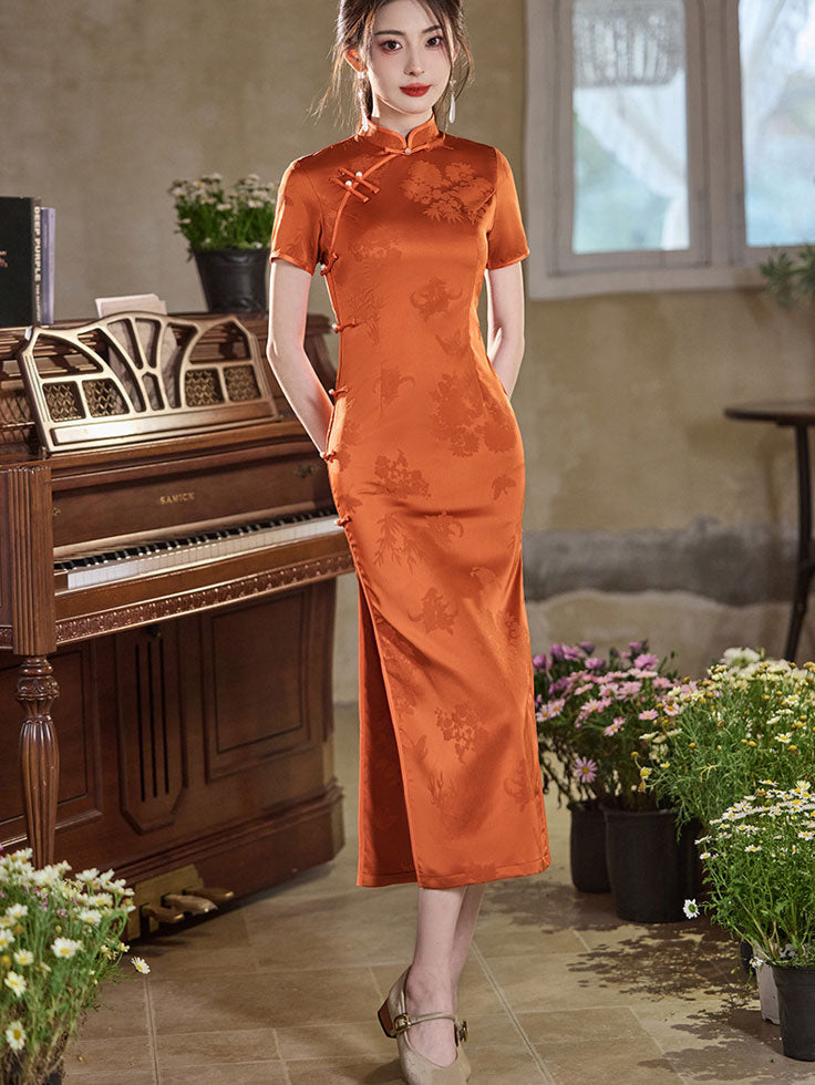 Orange Jacquard Satin Midi Qipao Cheongsam Dress