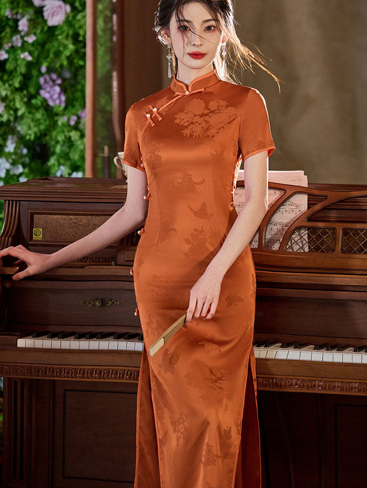 Orange Jacquard Satin Midi Qipao Cheongsam Dress