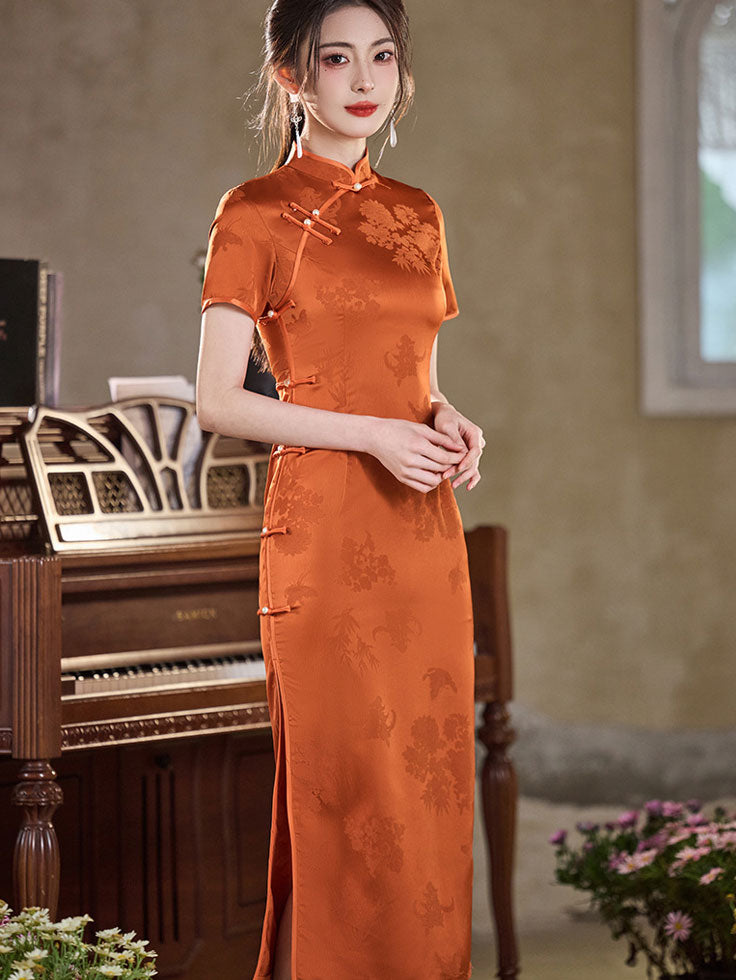 Orange Jacquard Satin Midi Qipao Cheongsam Dress