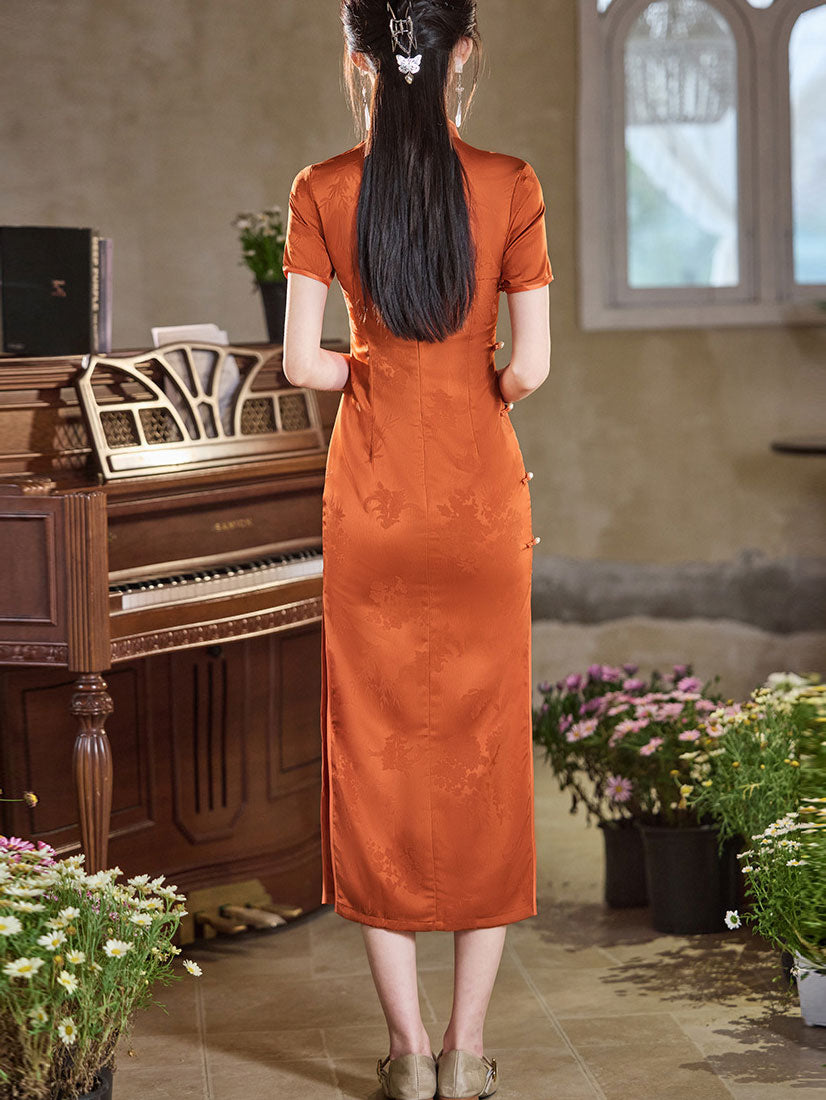 Orange Jacquard Satin Midi Qipao Cheongsam Dress