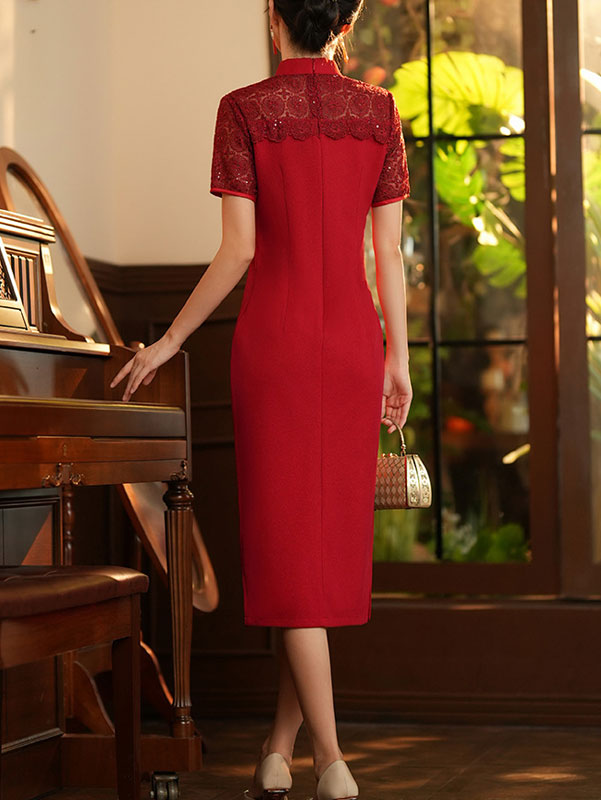 2024 Red Illusion Shoulder Bride Wedding Qipao Cheongsam Dress