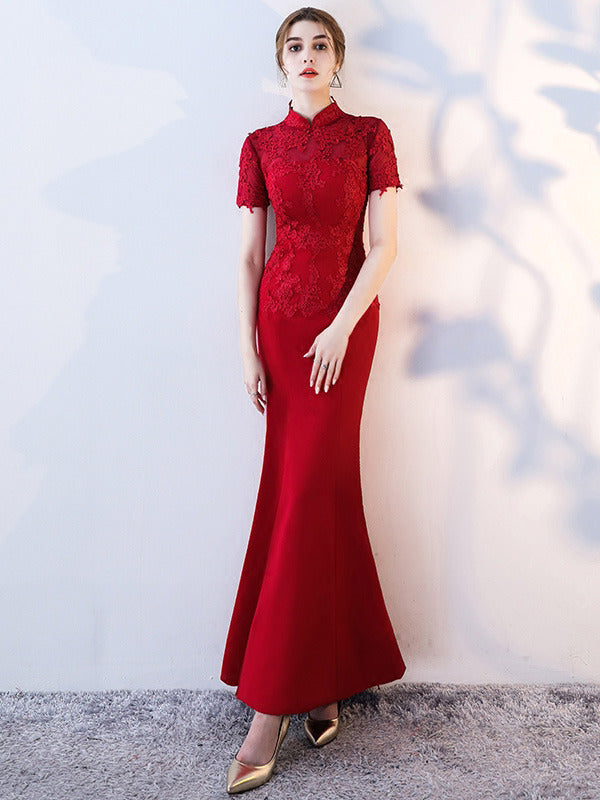 Clearance Burgundy Fishtail Wedding Cheongsam Dress