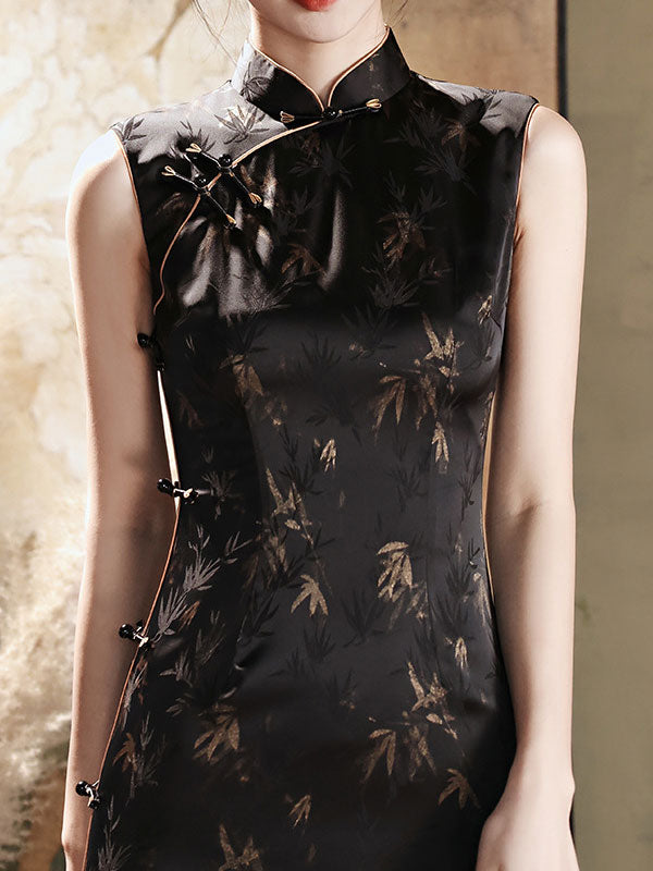 2024 Black Bronzing Bamboo Print Cheongsam Qipao Dress