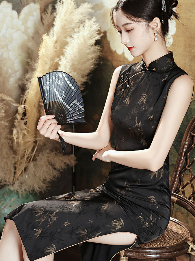 2024 Black Bronzing Bamboo Print Cheongsam Qipao Dress
