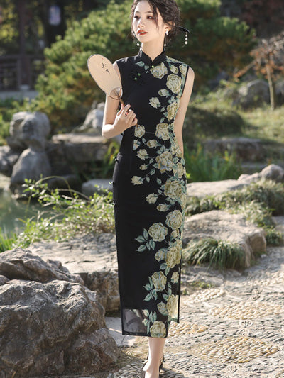 Black Color Block Floral Cheongsam Qipao Dress