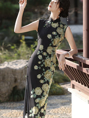 Black Color Block Floral Cheongsam Qipao Dress