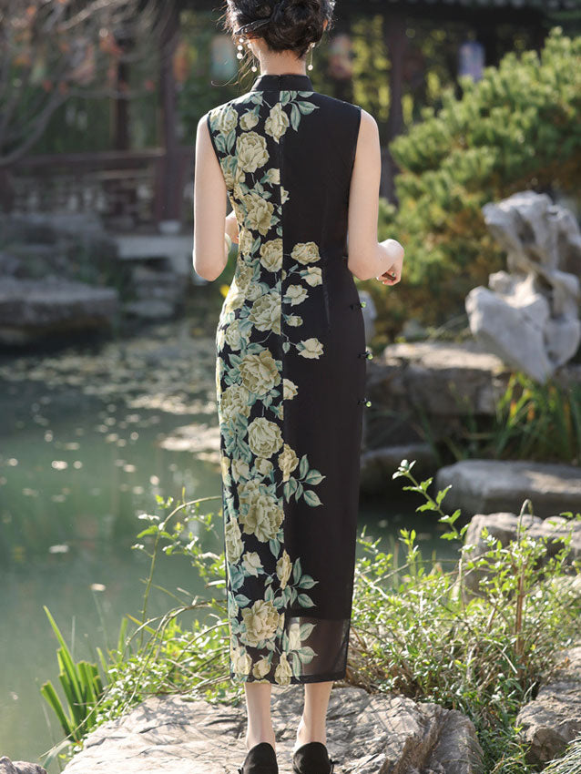 Black Color Block Floral Cheongsam Qipao Dress