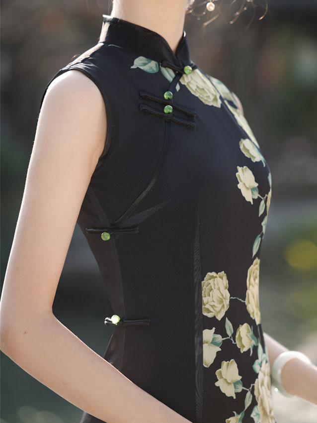 Black Color Block Floral Cheongsam Qipao Dress